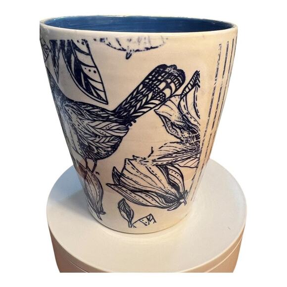 Blue & White Pottery Tumbler, Vase, Kitchen Utensil Holder/ Bird-PolkDot-Stripes - Picture 10 of 17